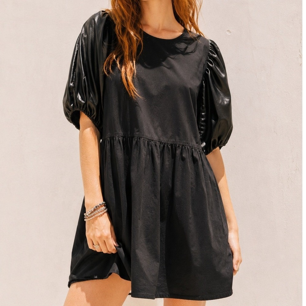 Mud Pie Women‎ Mixed Media Faux Leather Puff Sleeve Babydoll Dress Black S